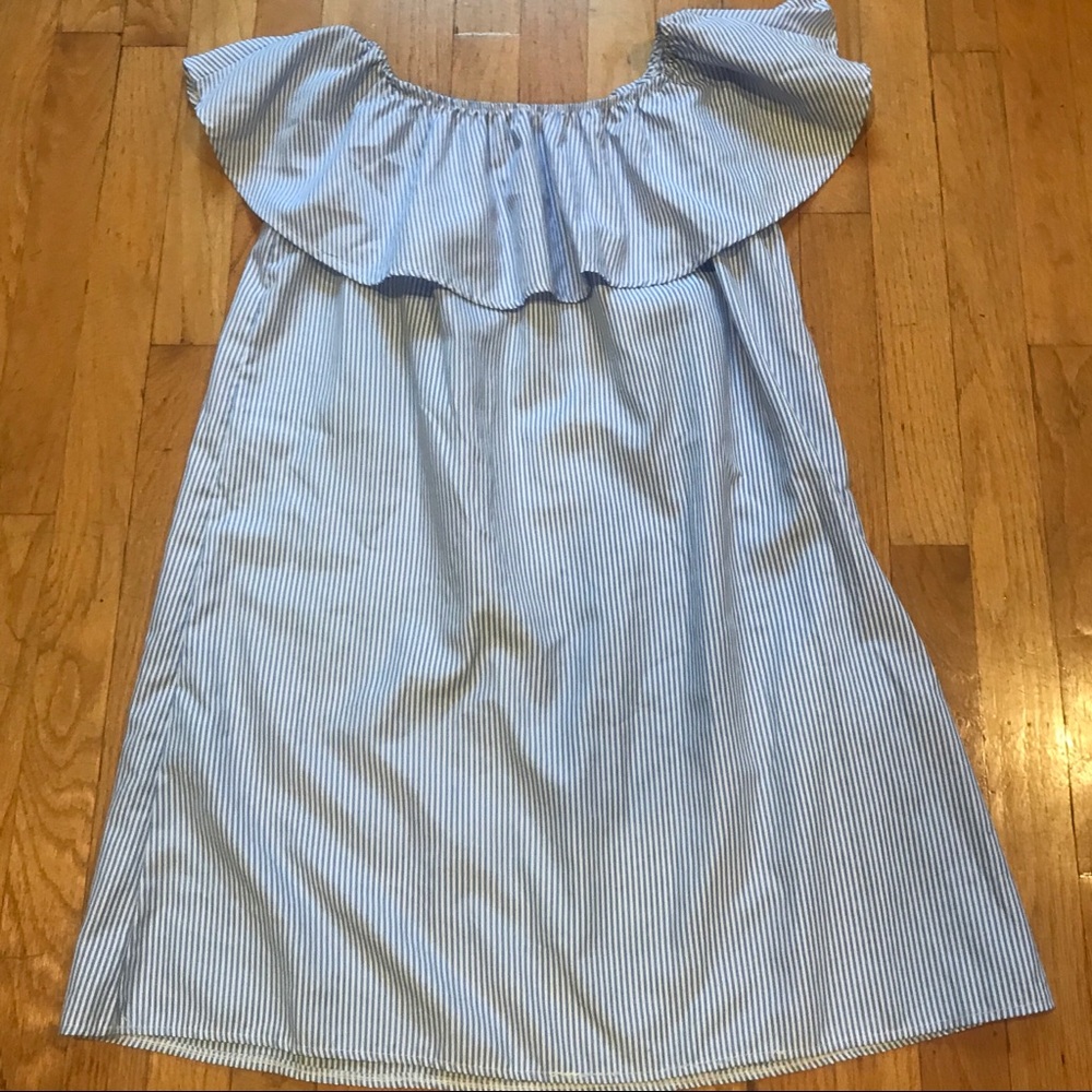 EUC Blue Striped Off-Shoulder Ruffle Mini Dress - Size S/M Nautical Summer Boho - Picture 7 of 9